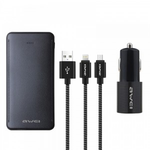 ΣET FORTISTHS AYTOKINHTOY ΜΕ POWER BANK 10000MAH ΚΑΙ MICRO USB / LIGHTNING ΚΑΛΩΔΙΟ ΜΑΥΡΟ   AWEI  X15 